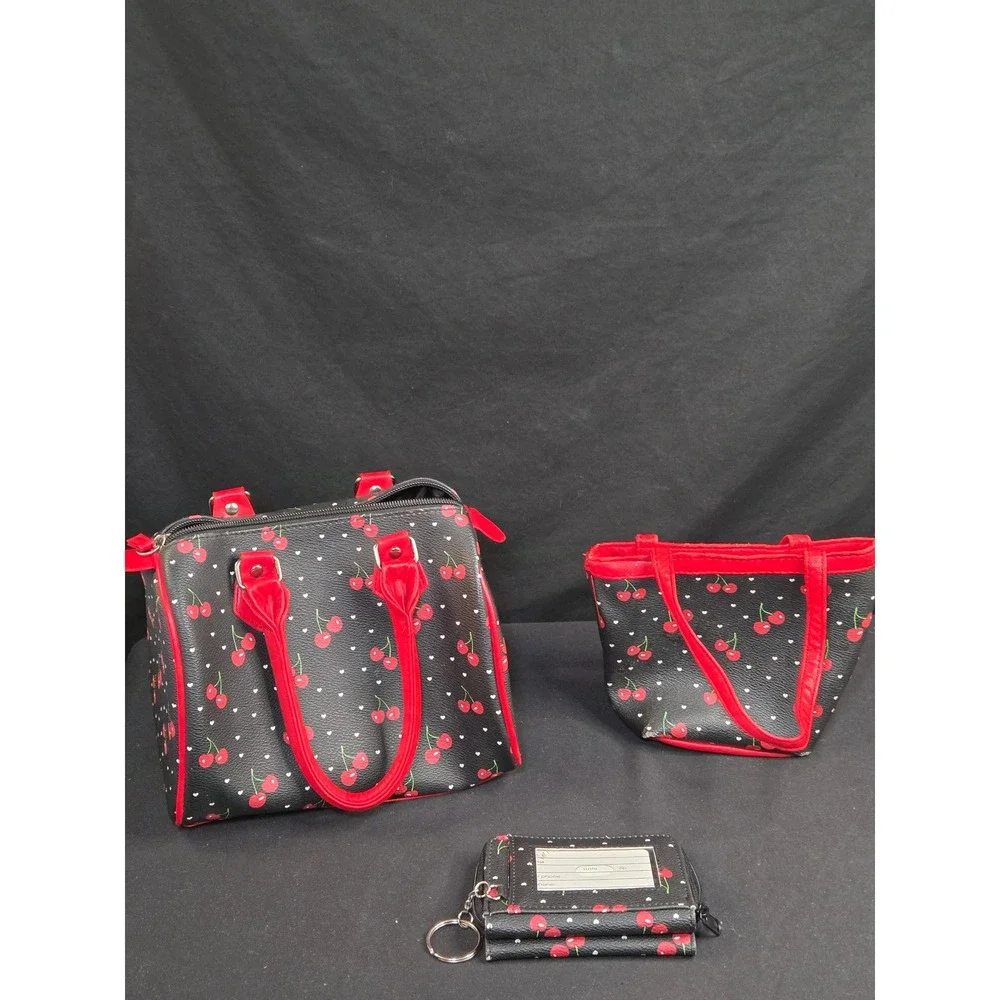 Cherry 3 Piece‎ Leather Handbag Set Black Red Heart Satchel Mini Tote Wallet